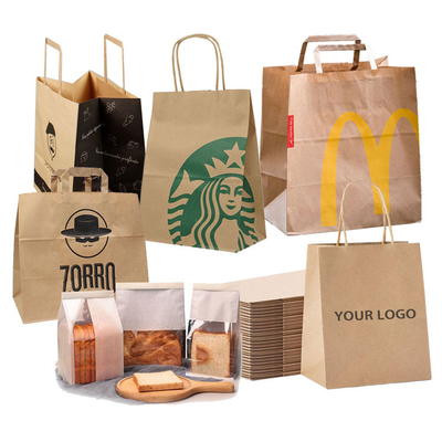 Recyclable custom printed your own logo carrier to go restaurant food delivery packaging lunch bolsa de papel take out takeaway